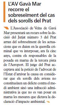 Notícia publicada al periòdic EL BRUGERS sobre el recurs de l'Associació de veïns de Gavà Mar a l'arxiu de la querella criminal interposada contra els responsables de la posada en servei de la tercera pista de l'aeroport de Barcelona-El Prat (10 Desembre 2009)